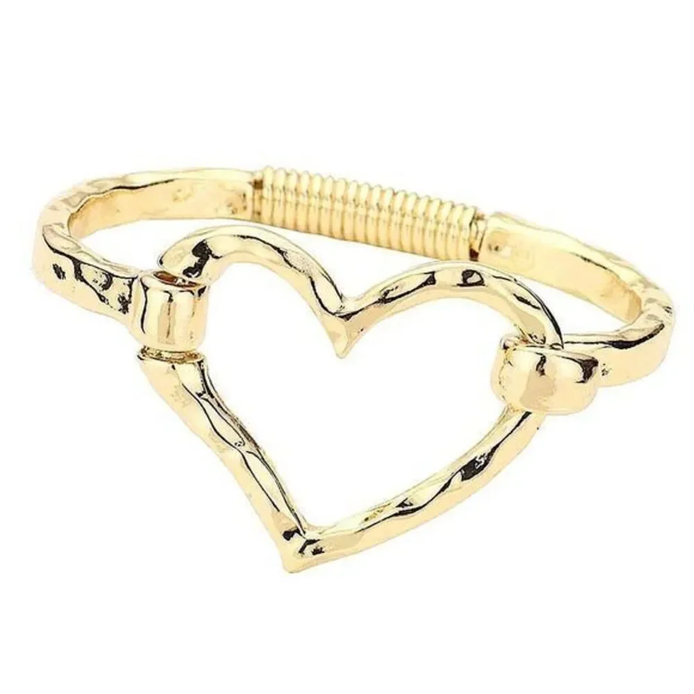 Chunky Gold Hammered Heart Cuff Bracelet Boho Statement Open Heart Bangle